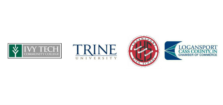 Logos for Ivy Tech Trine University Logansport High School and Logansport Cass County Chamber of Commerce