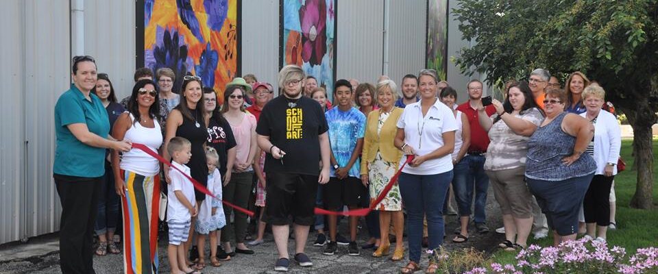Large group at ribbon cutting for Logansport art installation