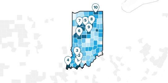 Map of Indiana with rankings of counties
