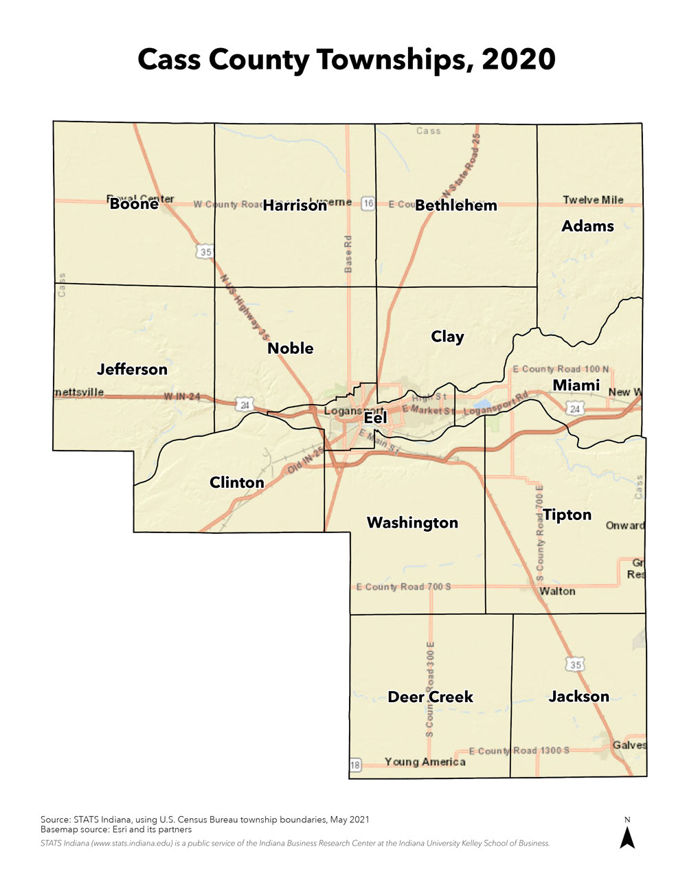 Map of Cass County, Indiana townships as of 2020
