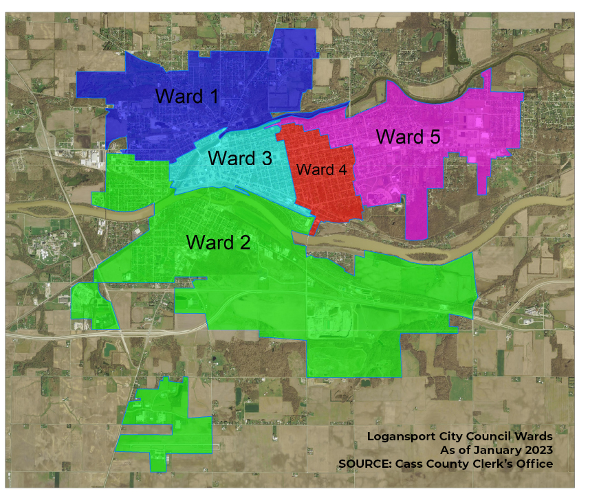 Map of Logansport City Council Wards as of January 2023.